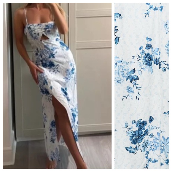 NWT. Zara White/Blue Floral Print Lingerie Style Midi Dress. Size L. - Picture 3 of 10